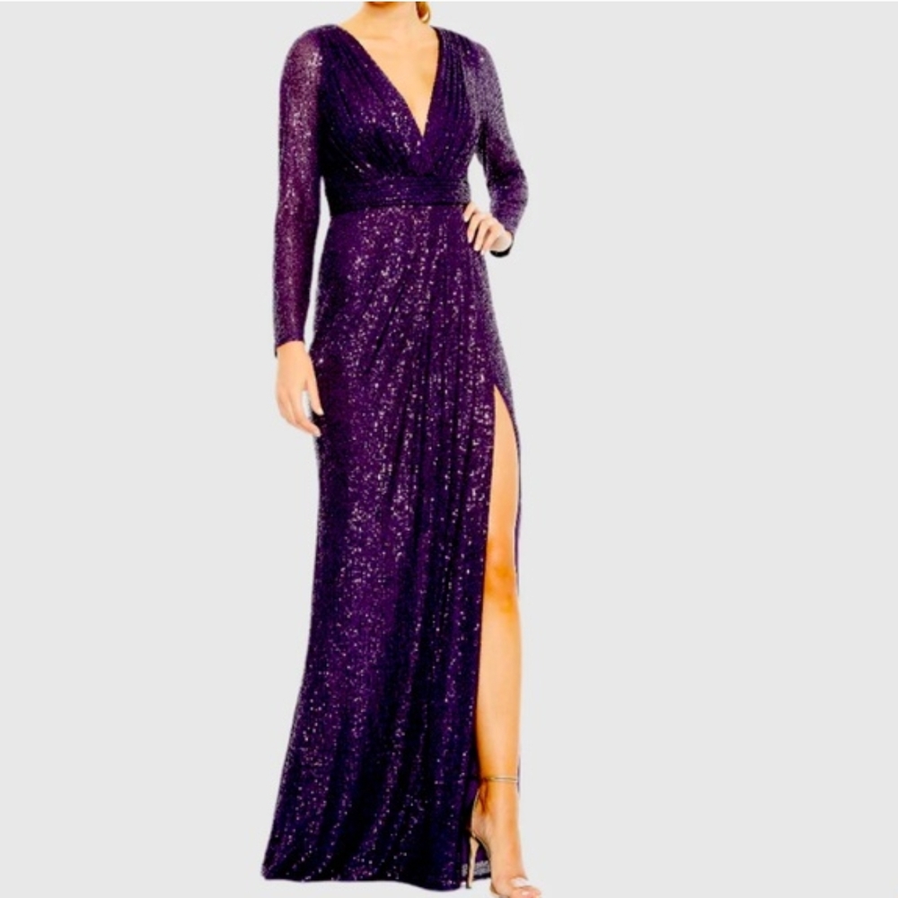Mac Duggal Purple Sequin Long Sleeve V-Neck Gown with High Slit